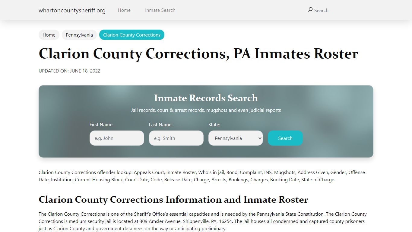 Clarion County Corrections, PA Jail Roster, Name Search